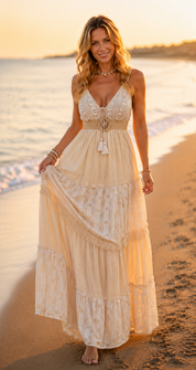 Evra Beige Boho Kleid