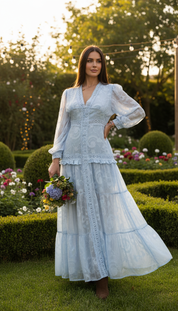 Boho-Maxikleid in Blau mit Blumenstickerei