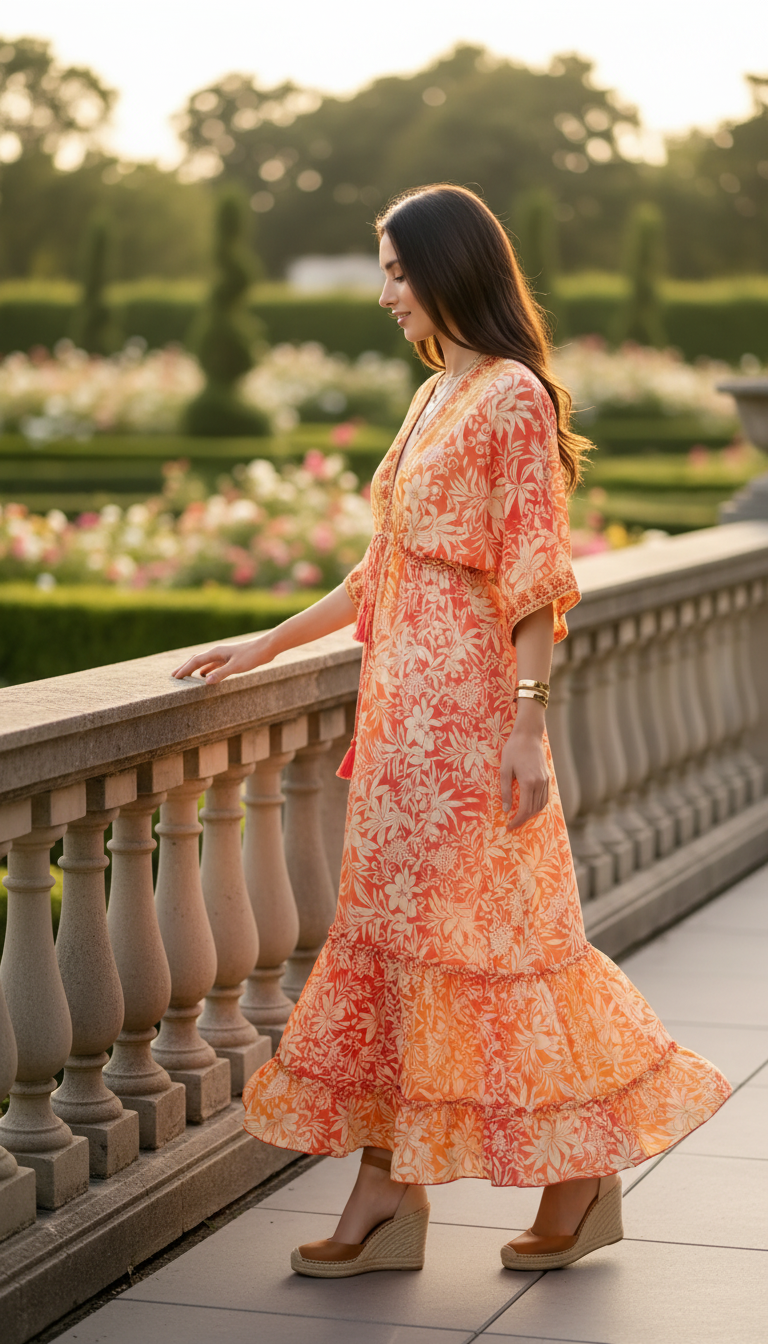 Robe en soie orange à aura dorée