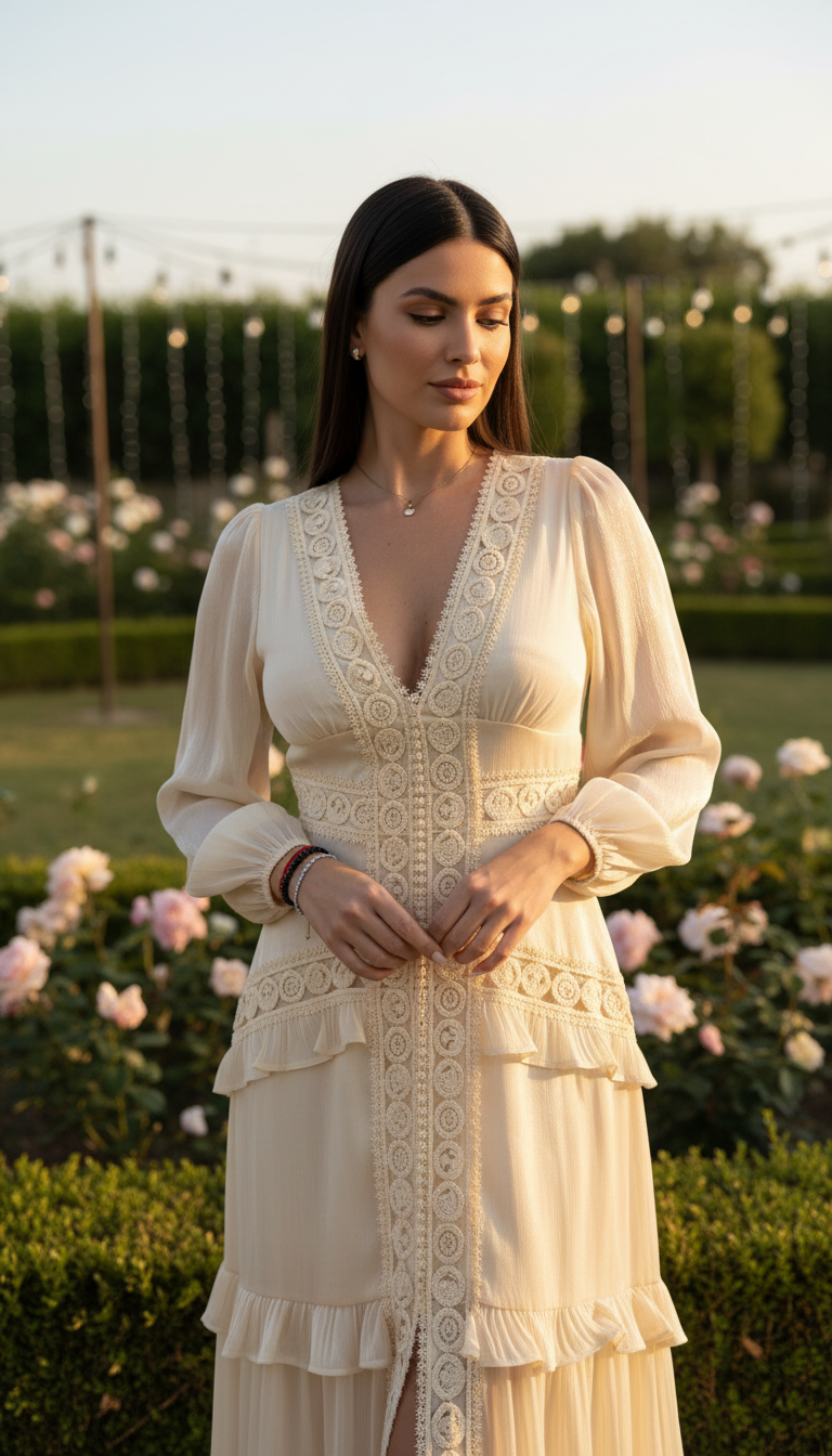 Langes Boho-Kleid aus Naturseide und Bio-Baumwolle mit floraler Spitze