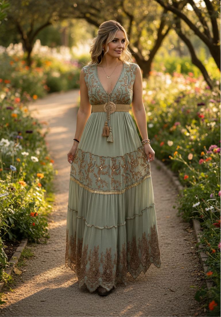 Robe longue verte Golden Garden