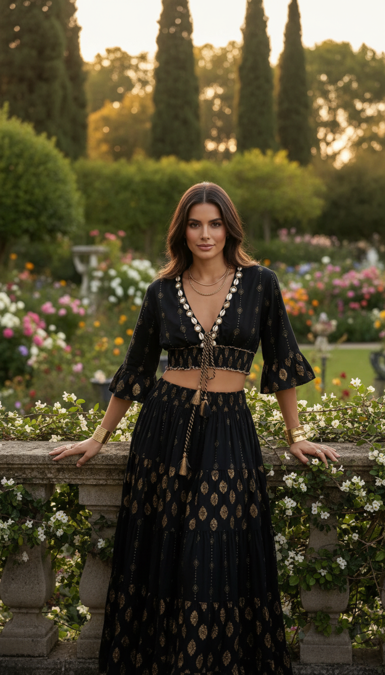 Aurora Golden Black Embroidered Boho Set