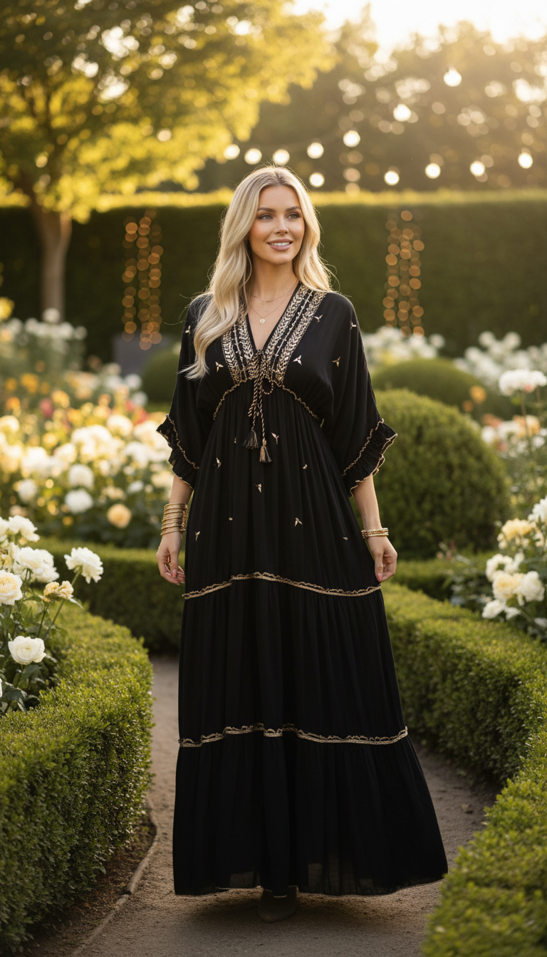 Black Aurora – Hand-Embroidered Boho Maxi Dress