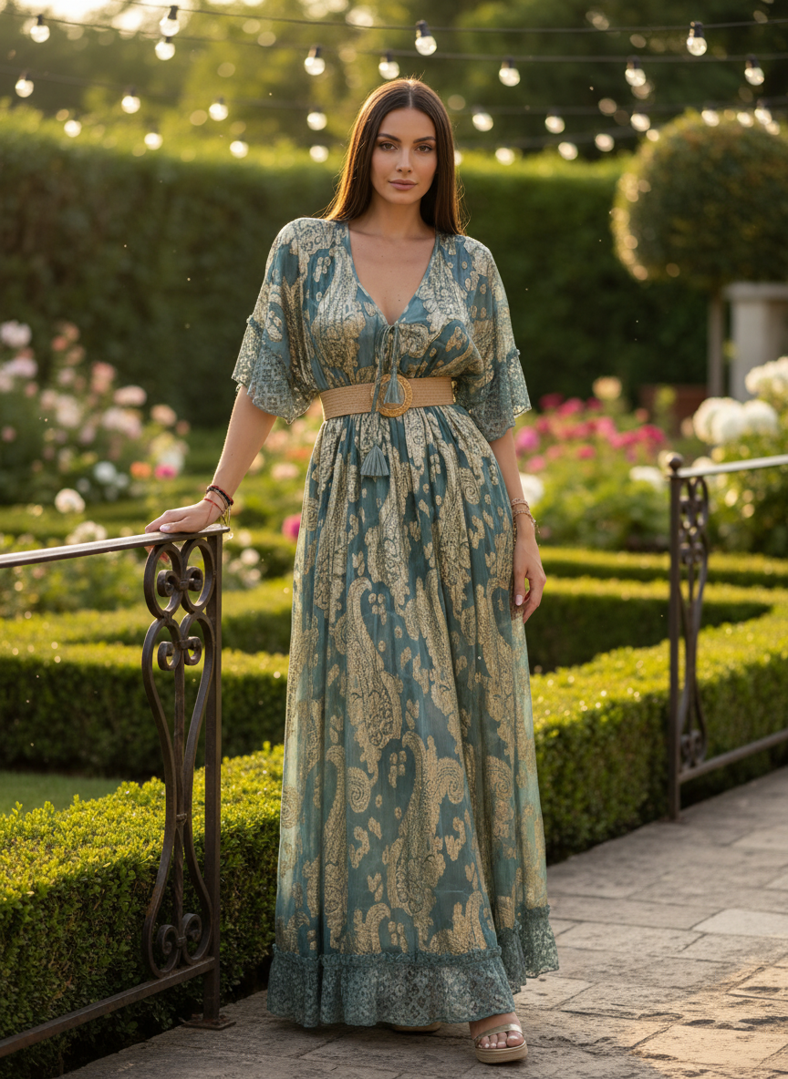 Chantilly Garden Blue Boho Long Dress