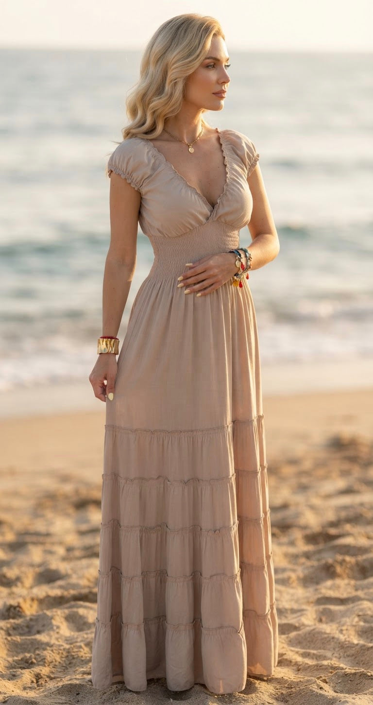 Amara Beige Silk Maxi Dress
