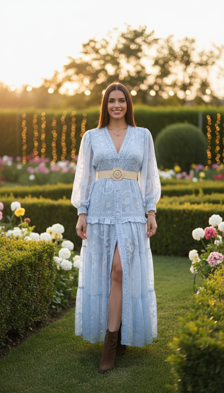 Boho-Maxikleid in Blau mit Blumenstickerei
