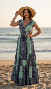 Amara Blue/Green Silk Maxi Dress