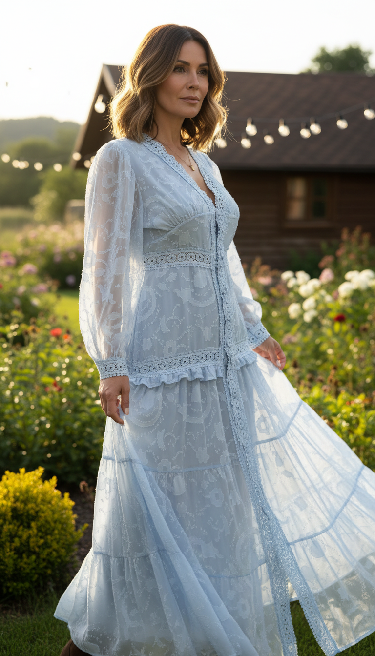 Boho-Maxikleid in Blau mit Blumenstickerei