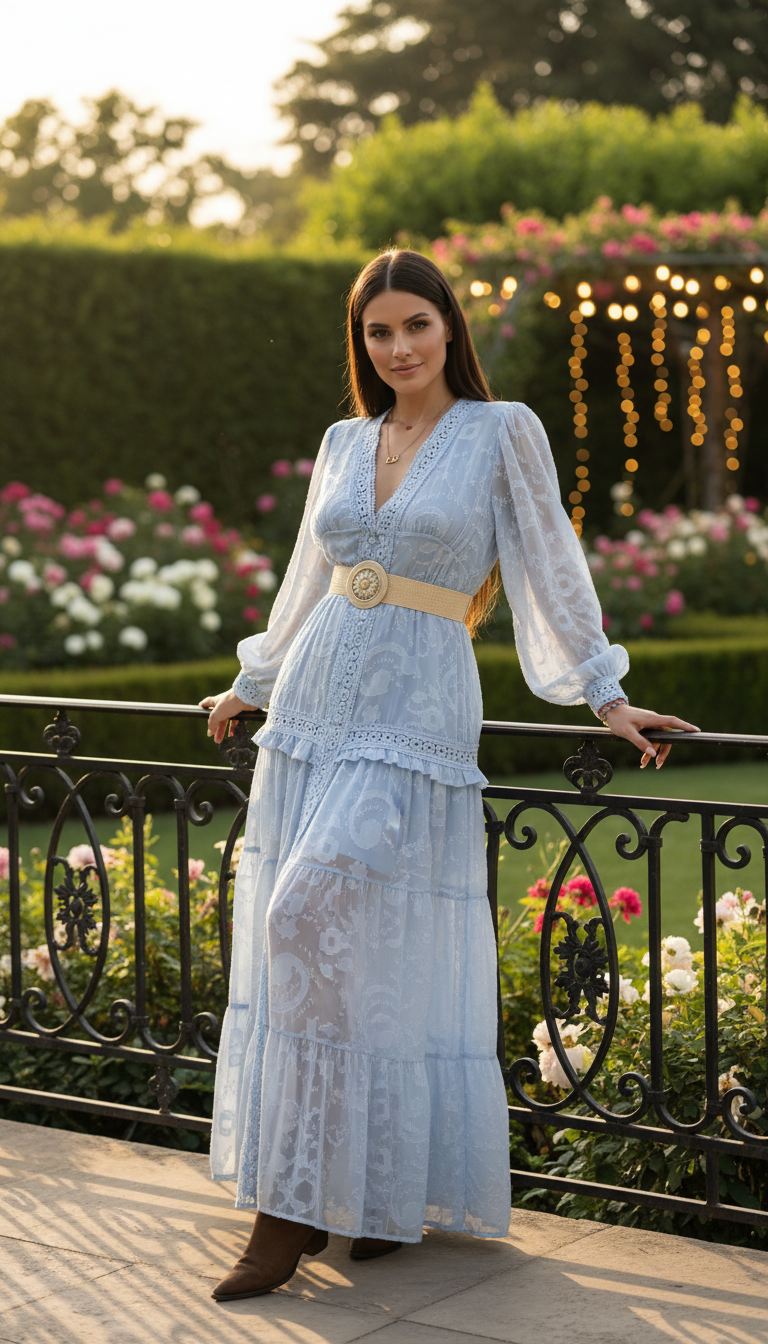 Boho-Maxikleid in Blau mit Blumenstickerei