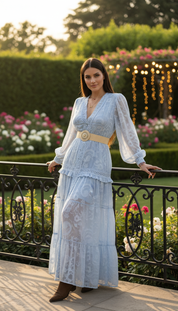 Boho-Maxikleid in Blau mit Blumenstickerei