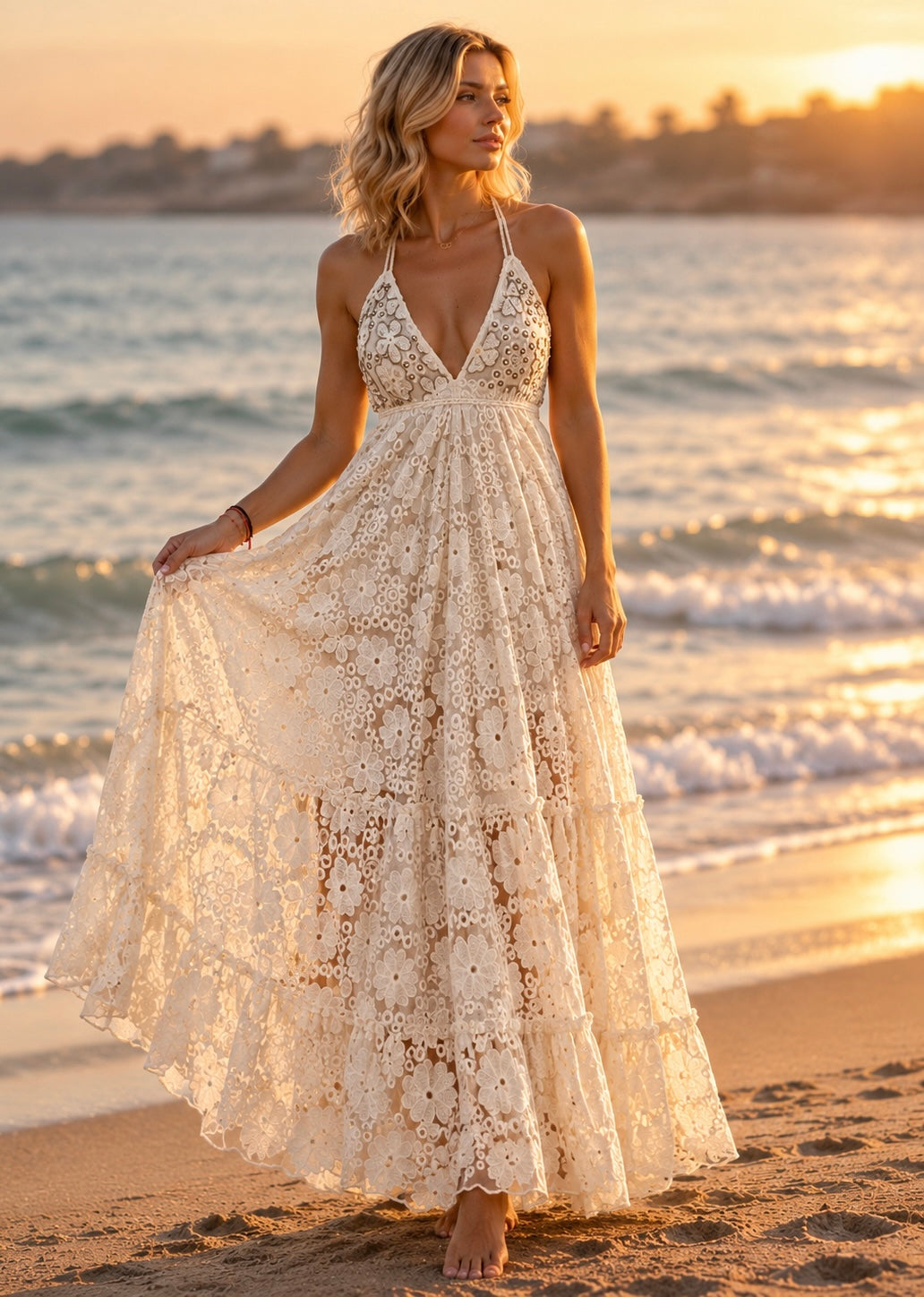 Ivory Bloom Boho Lace Maxi Dress