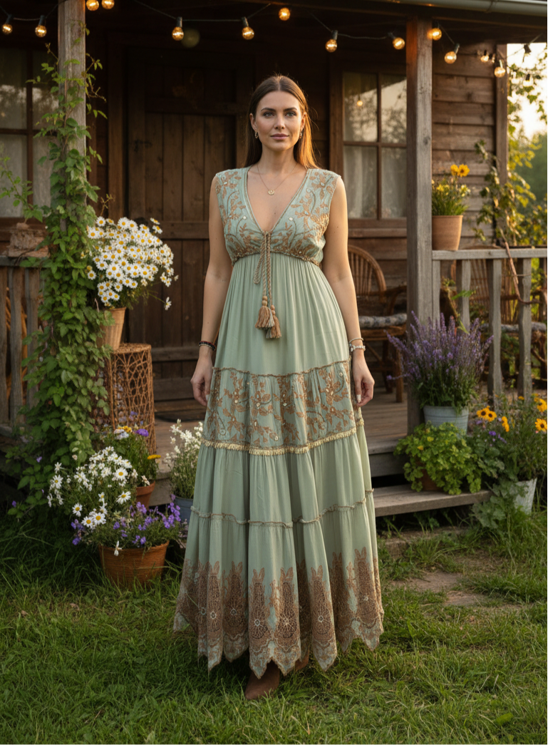 Robe longue verte Golden Garden
