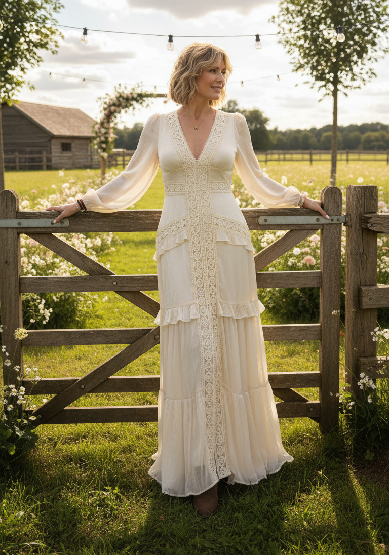 Langes Boho-Kleid aus Naturseide und Bio-Baumwolle mit floraler Spitze