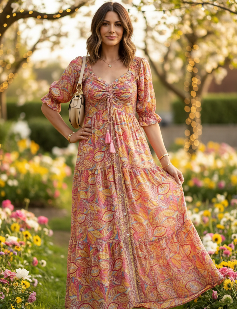 Robe en soie bleue smockée