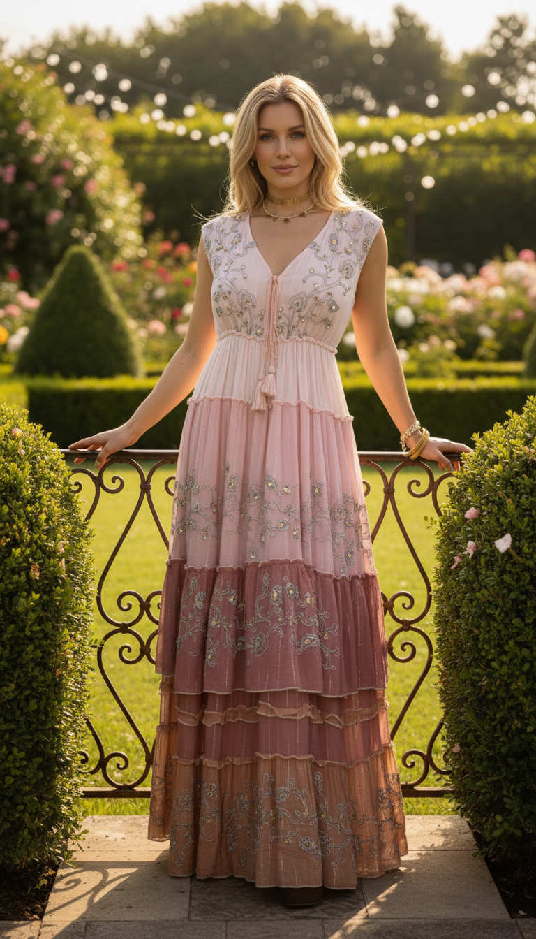 Robe longue bohème rose coucher de soleil