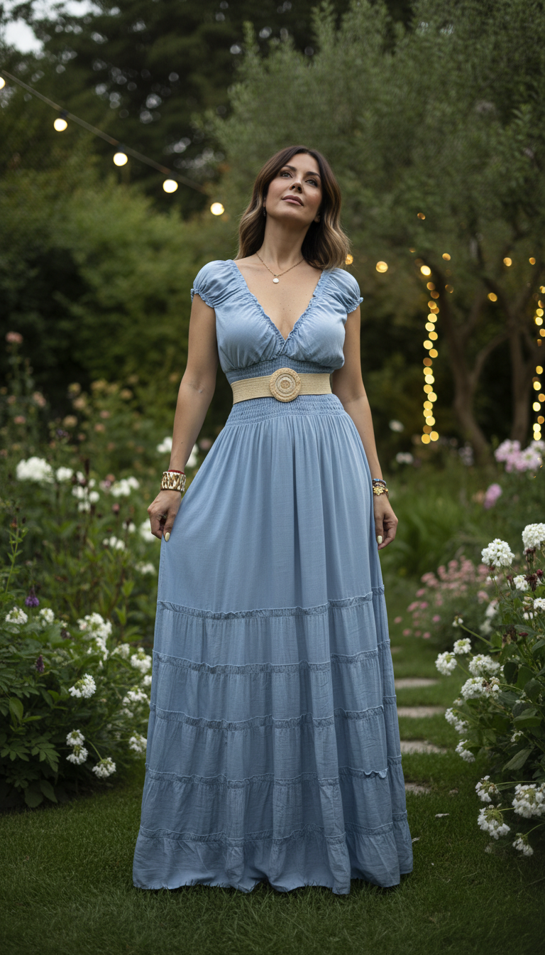 Ruhiges blaues Boho-Kleid