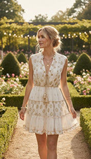 Minikleid aus goldenen und weißen Fäden