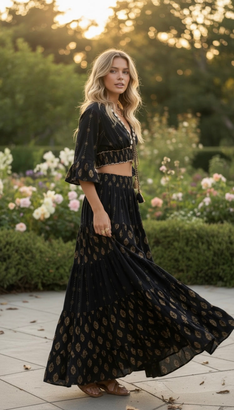 Aurora Golden Black Embroidered Boho Set