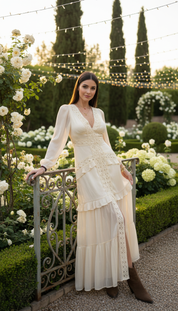 Langes Boho-Kleid aus Naturseide und Bio-Baumwolle mit floraler Spitze