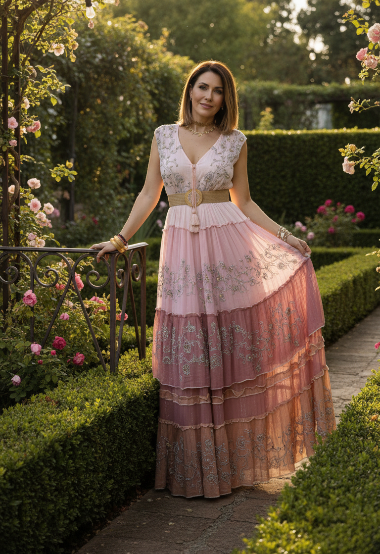 Robe longue bohème rose coucher de soleil