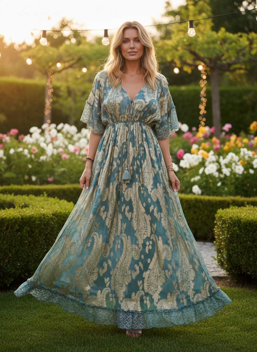 Chantilly Garden Blue Boho Long Dress