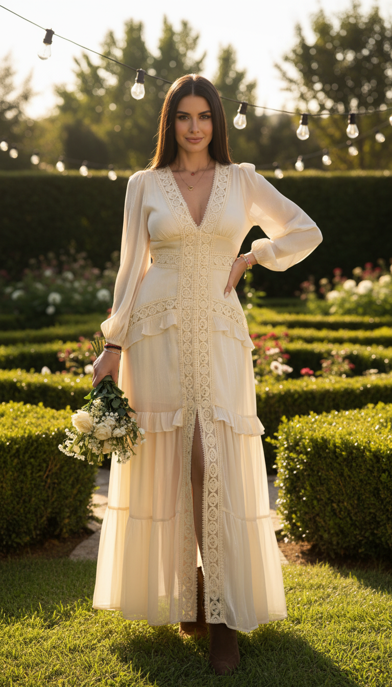 Langes Boho-Kleid aus Naturseide und Bio-Baumwolle mit floraler Spitze