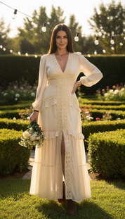 Langes Boho-Kleid aus Naturseide und Bio-Baumwolle mit floraler Spitze