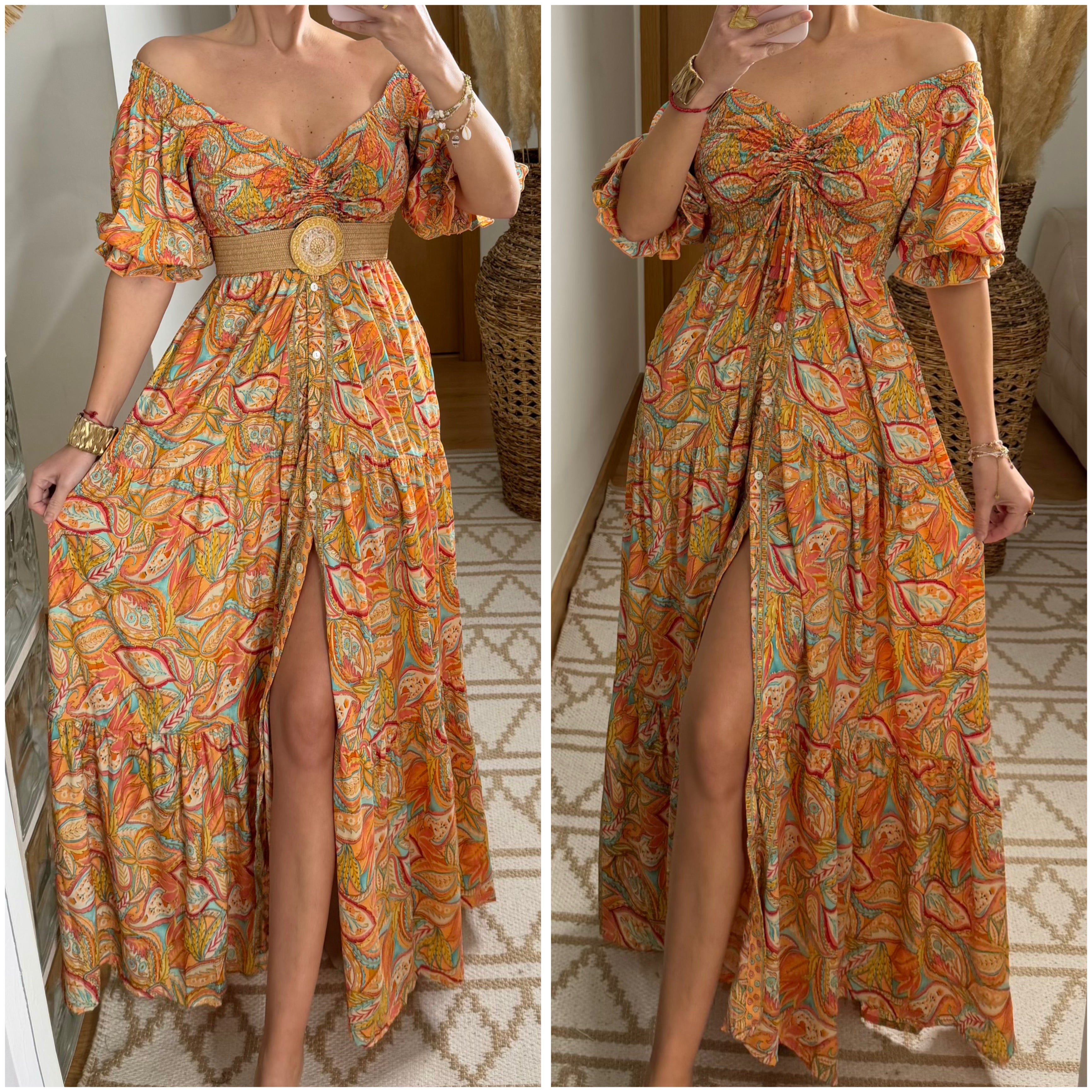 Das gesmokte orangefarbene Seidenkleid