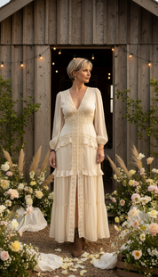 Langes Boho-Kleid aus Naturseide und Bio-Baumwolle mit floraler Spitze