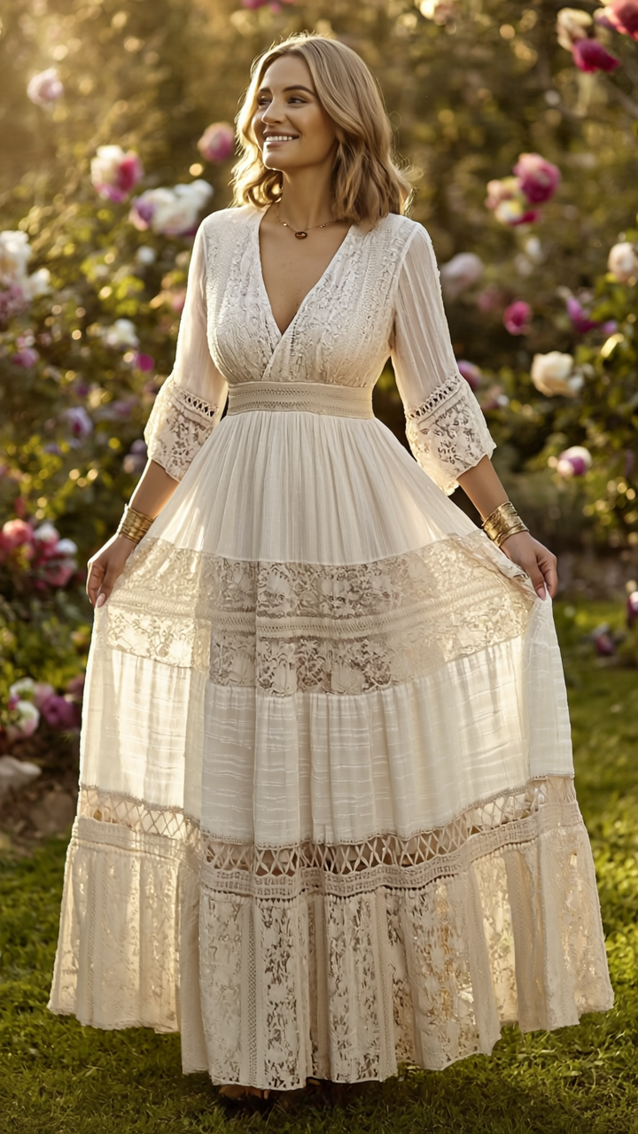 Boho Beige Lace Dress