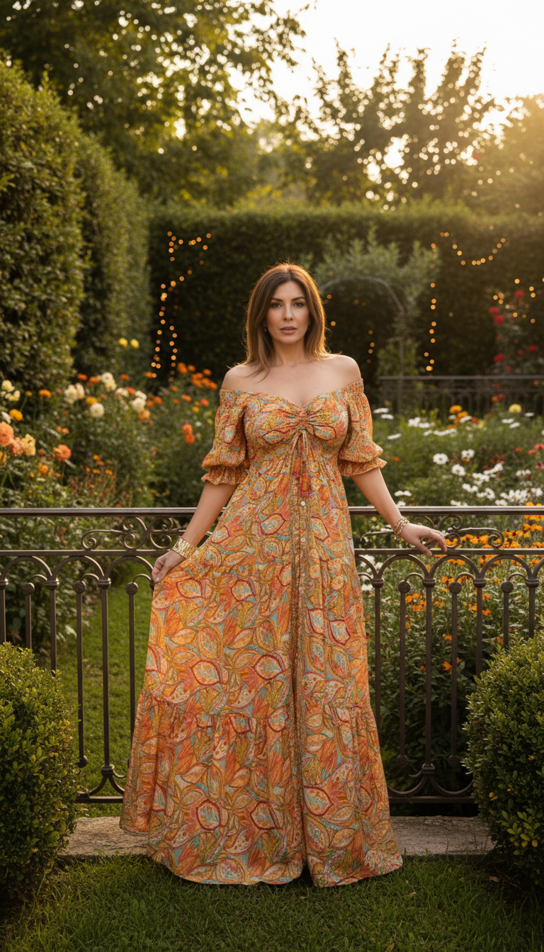 Das gesmokte orangefarbene Seidenkleid