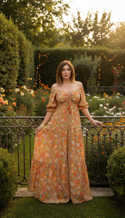 Das gesmokte orangefarbene Seidenkleid