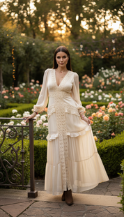 Langes Boho-Kleid aus Naturseide und Bio-Baumwolle mit floraler Spitze