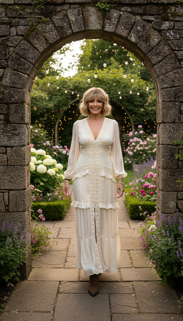 Langes Boho-Kleid aus Naturseide und Bio-Baumwolle mit floraler Spitze