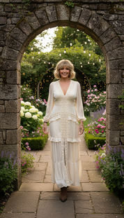 Langes Boho-Kleid aus Naturseide und Bio-Baumwolle mit floraler Spitze