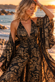 Golden Muse Silk Jumpsuit & Kimono Set – Black & Gold