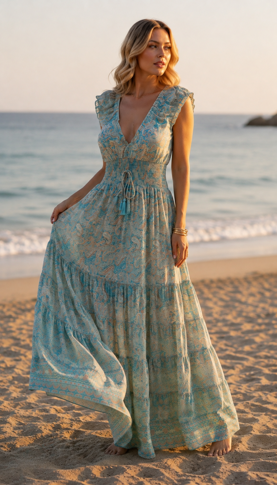 Amara blaues Seiden-Maxikleid