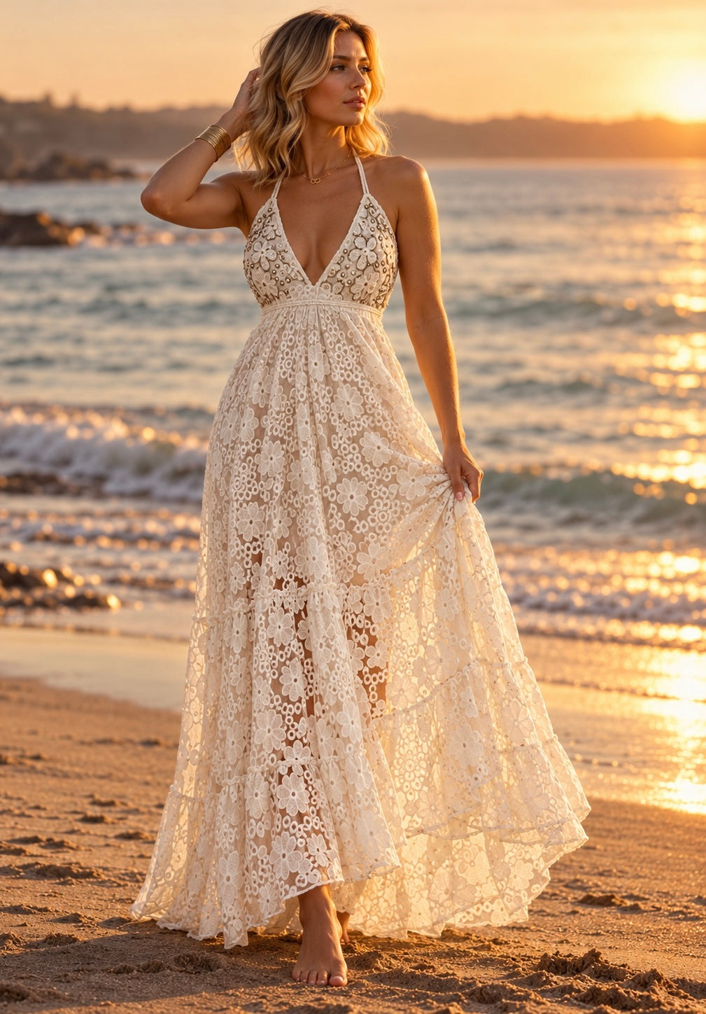 Ivory Bloom Boho Lace Maxi Dress