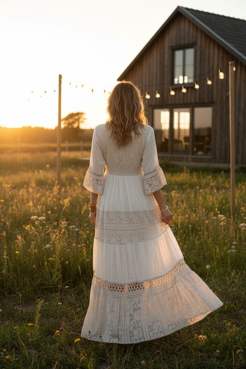 Boho Beige Lace Dress