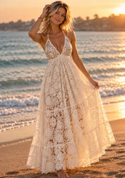 Ivory Bloom Boho Lace Maxi Dress