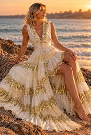 Golden Aura Boho Maxi Dress – Ivory & Gold