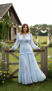 Boho-Maxikleid in Blau mit Blumenstickerei