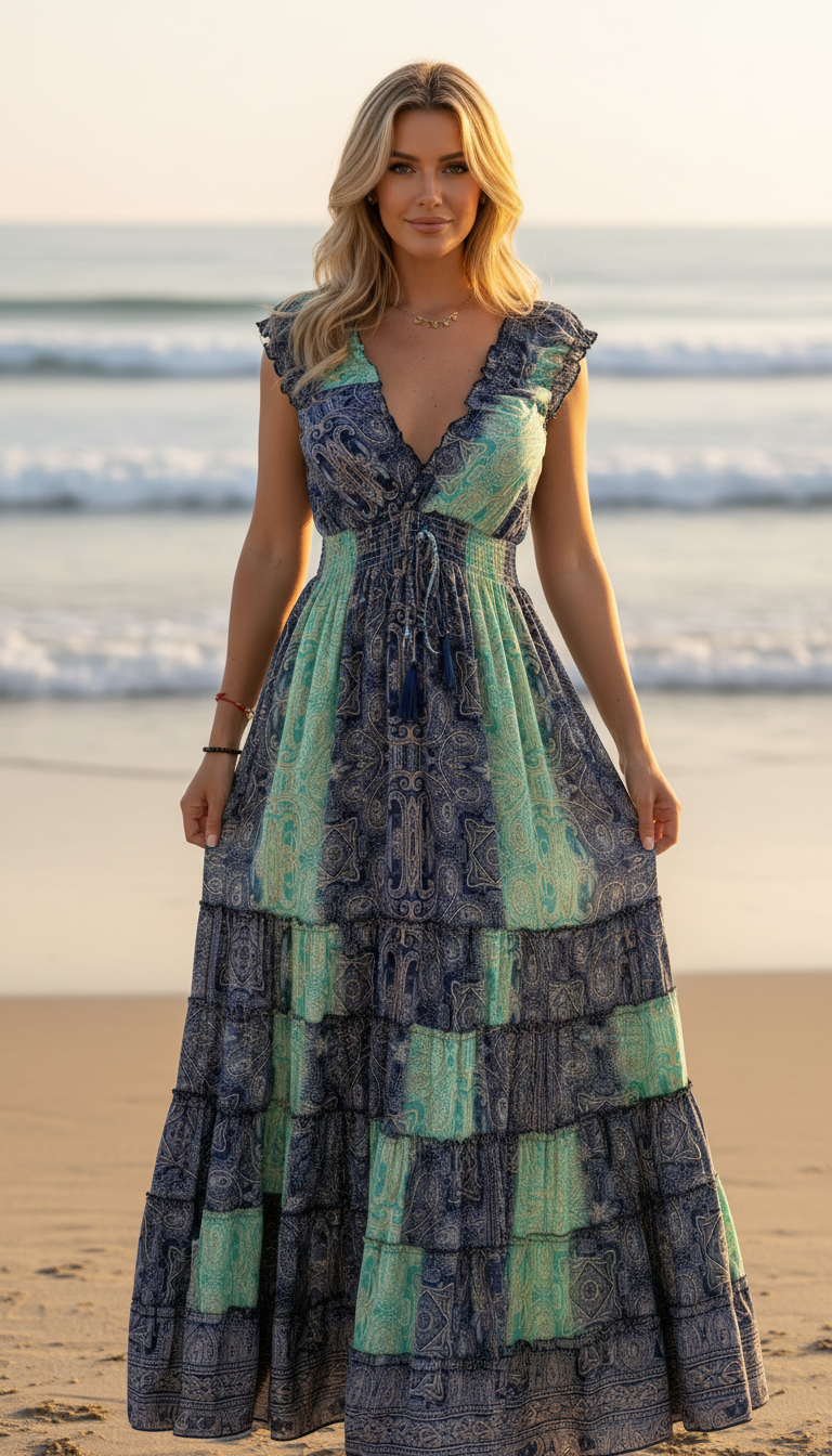 Amara Blue/Green Silk Maxi Dress