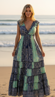 Amara Blue/Green Silk Maxi Dress