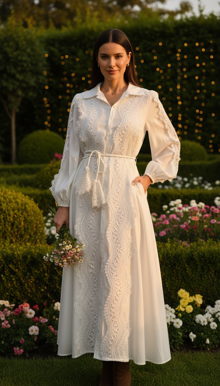 Boho-Maxikleid aus Bio-Baumwolle mit Spitze und Gürtel