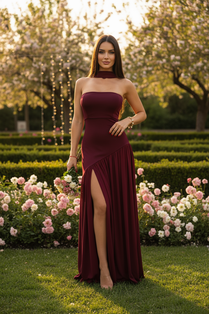 Burgundy Elegant Strapless Party Dress