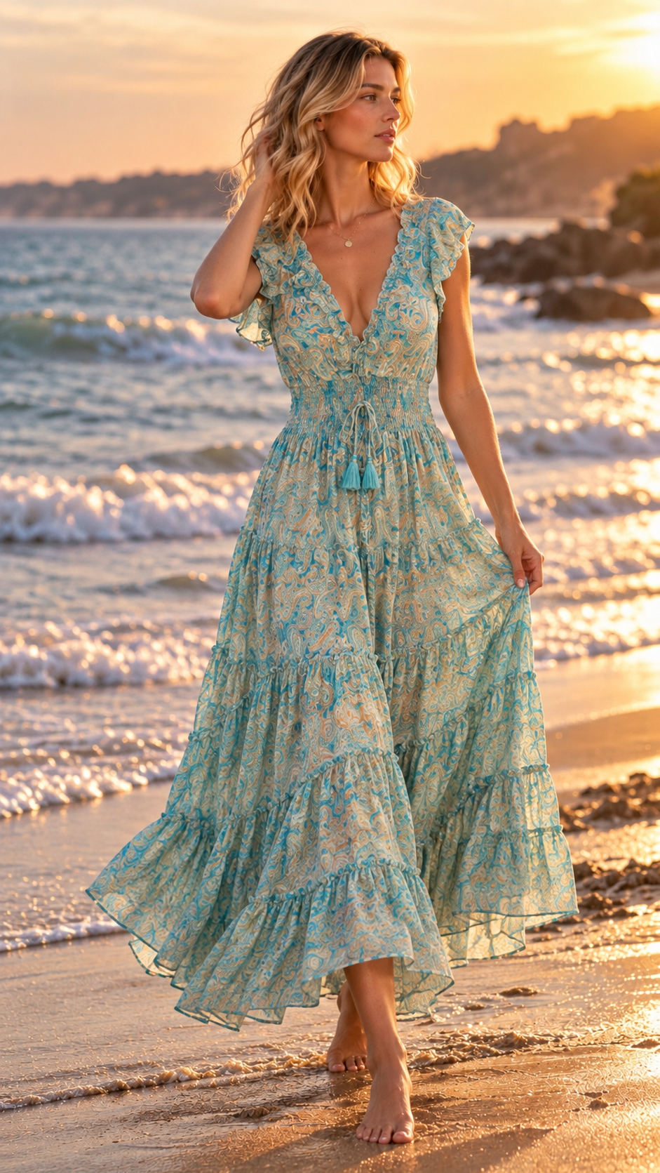Amara blaues Seiden-Maxikleid