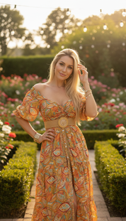 Das gesmokte orangefarbene Seidenkleid