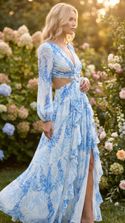 Robe longue romantique en soie bleue