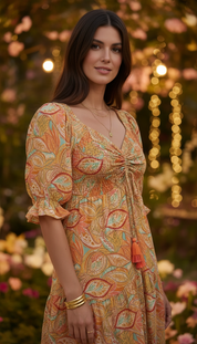 La robe en soie orange à smocks